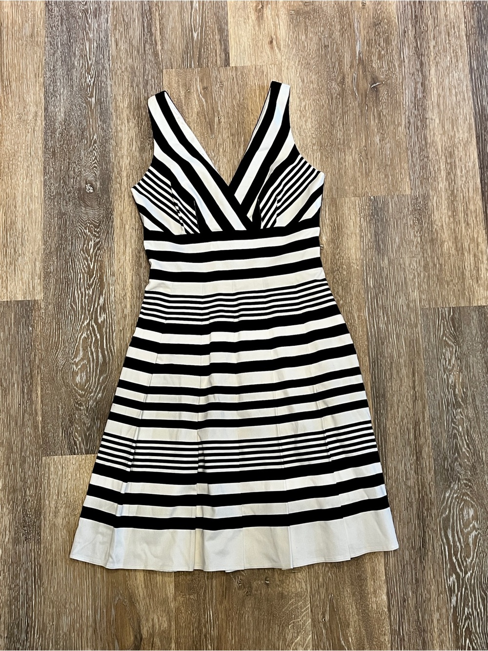 White House Black Market Black and White Striped V-Neck Midi Dress